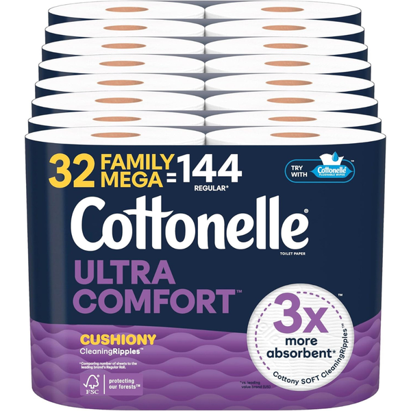 32-Pack Cottonelle Toilet Paper Family Mega Rolls (Ultra Comfort Or Ultra Clean)