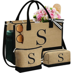 YOOLIFE Mother's Day Initial Jute Tote Bag W/ 2 Makeup Bags