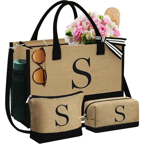 YOOLIFE Mother's Day Initial Jute Tote Bag W/ 2 Makeup Bags
