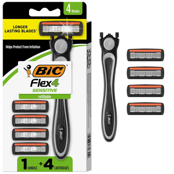 BIC Flex 4 Men's Refillable Razor Kit W/ 1 Handle & 4 Cartridges
