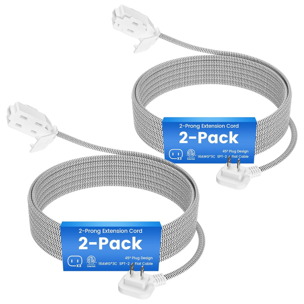 2-Pack 2 Prong 15-Feet 45 Degree Nylon Braided Extension Cord