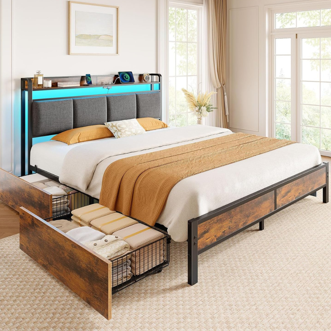 Rolanstar Full Size Bed Frame With Charging Station & LED Lights (2 Colors)
