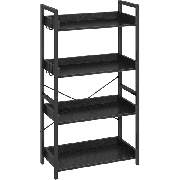 Rolanstar 4-Tier Industrial Bookshelf With Hooks & Open Shelves