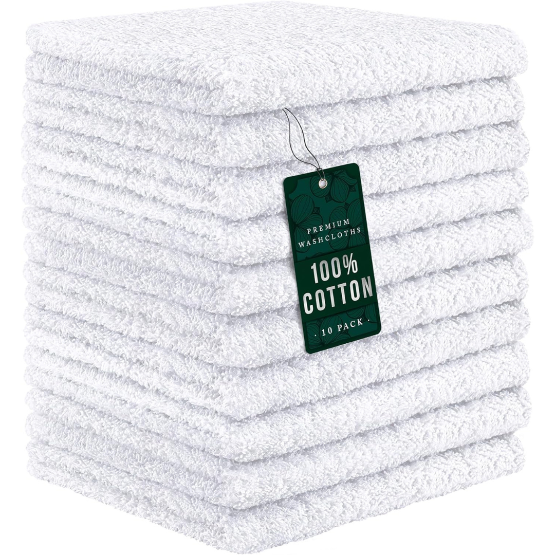 10-Pack 100% Cotton Ultra Absorbent Washcloths (12 X 12")