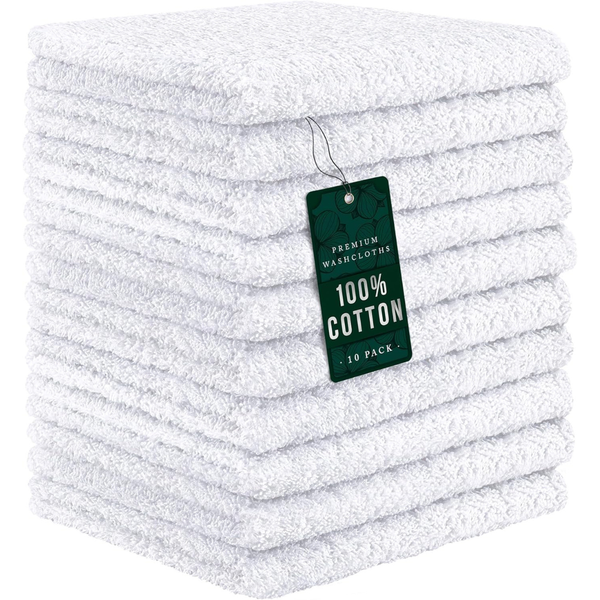 10-Pack 100% Cotton Ultra Absorbent Washcloths (12 X 12")