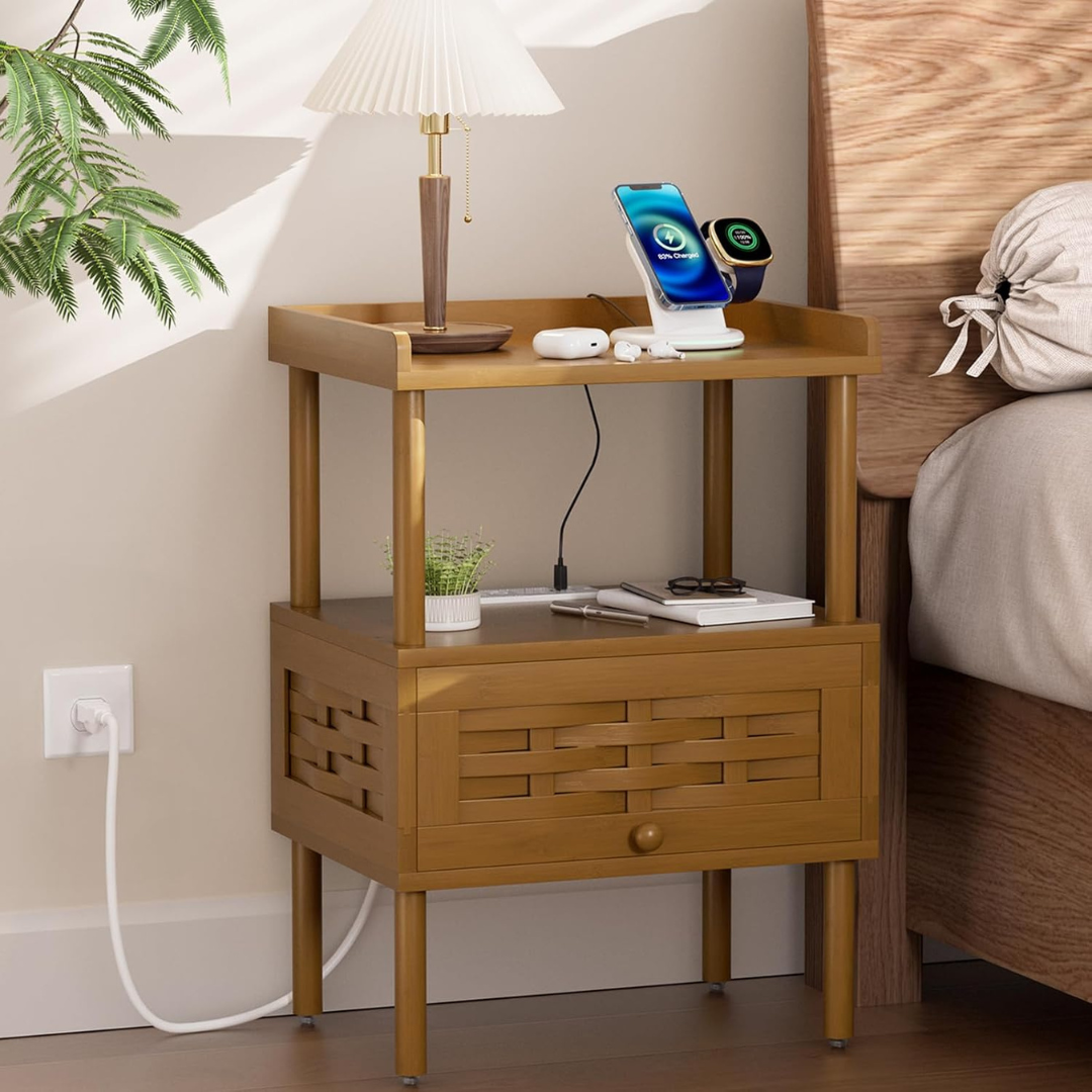 Amazer Bamboo Nightstand With Charging Station & USB Ports