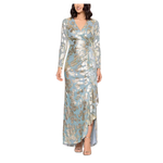 BA Nites Women's BA Nites Long Metallic Pleated Long Sleeve Gown
