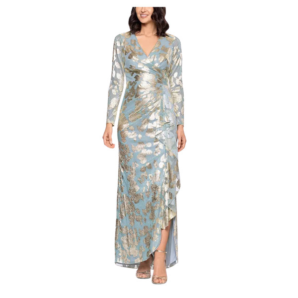 BA Nites Women's BA Nites Long Metallic Pleated Long Sleeve Gown
