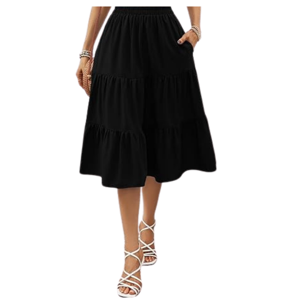 Lyrur Women's Elastic Waist Aline Tiered Ruffle Midi Black Skirt