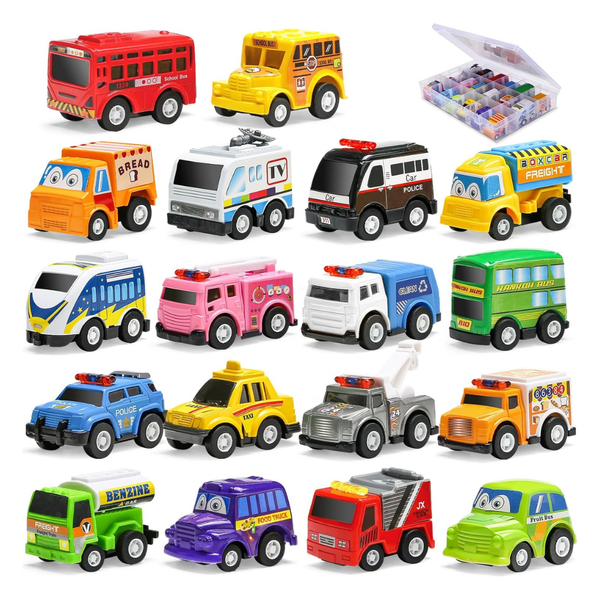 18-Pack Assorted Pull Back Car Toys With Storage Organizer Box