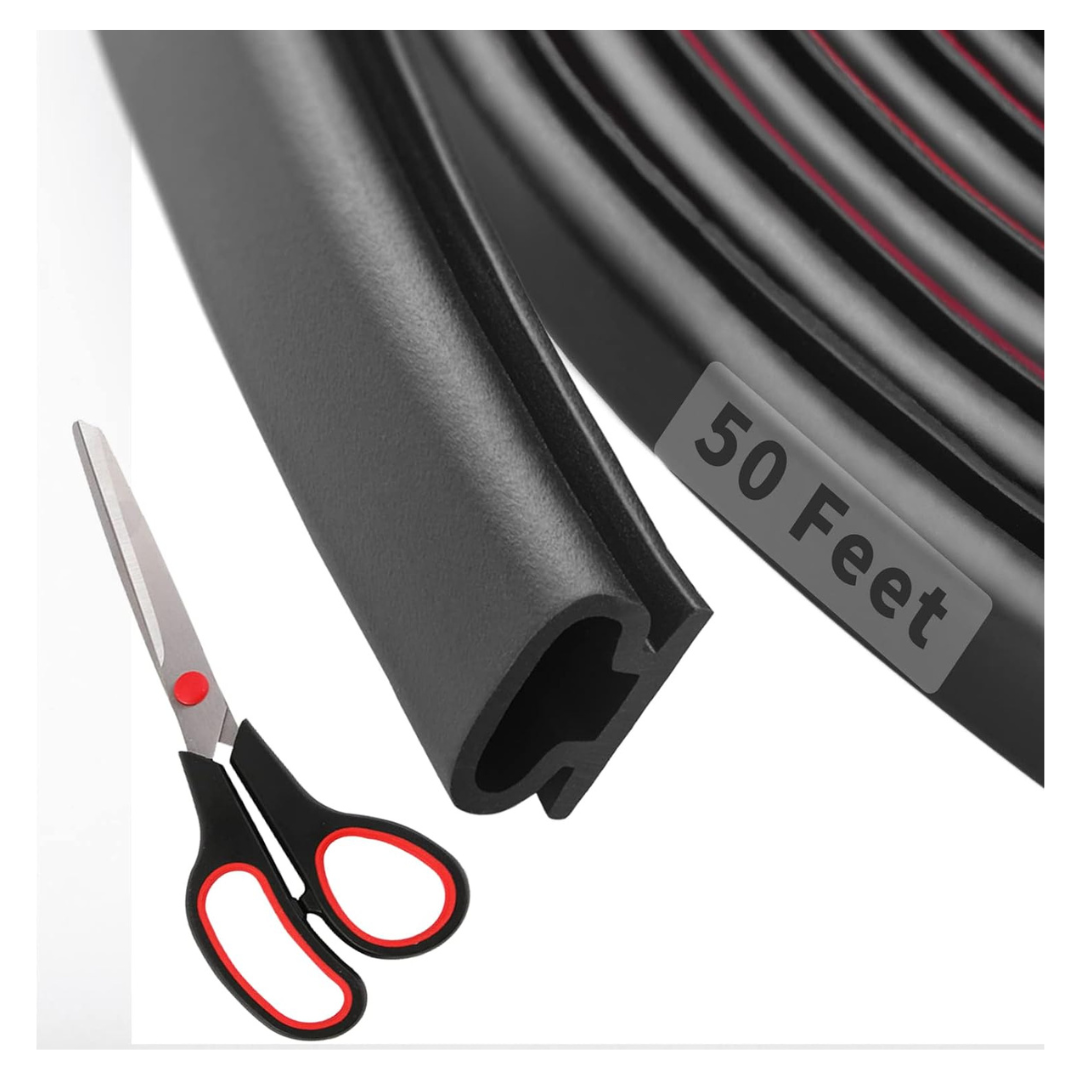 50ft D-Shape Rubber Weather Stripping Door Seal Strip W/ Scissors