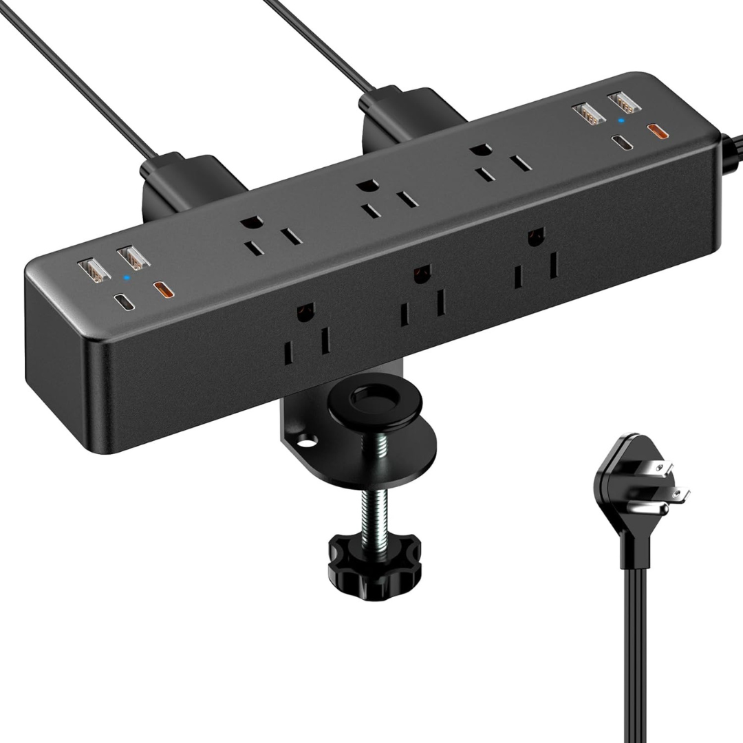 10' Acozvin Flat Plug Desk Clamp Power Strip W/ 4 USB Ports