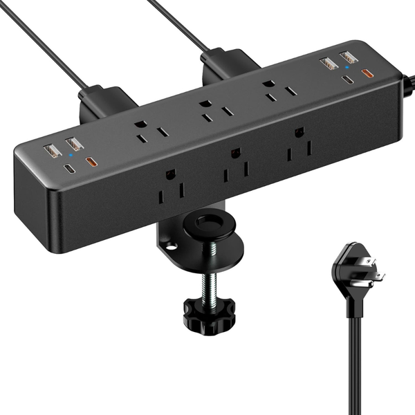 10' Acozvin Flat Plug Desk Clamp Power Strip W/ 4 USB Ports