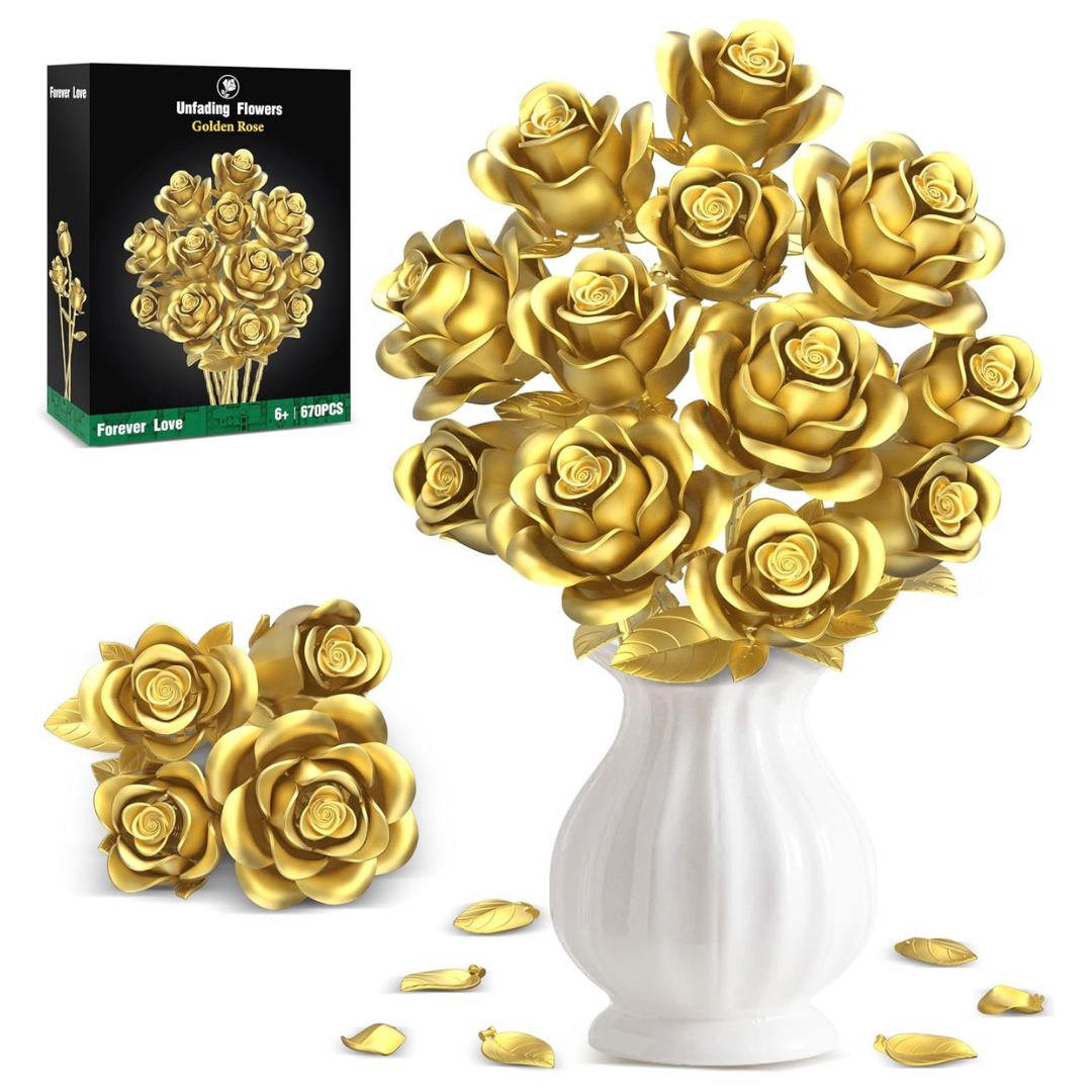 670-Pieces Metallic Gold Rose Bouquet Building Set