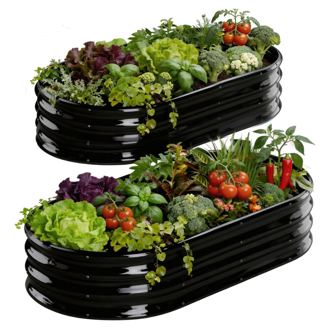 2-Set Rakukiri Oval Large Coating Metal Raised Garden Bed