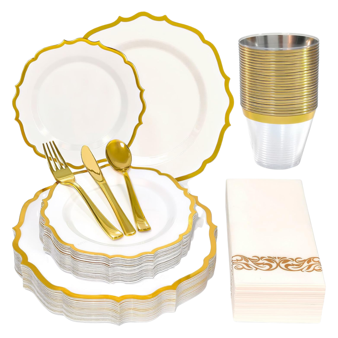 175-Piece Plastic Gold Disposable Dinnerware Set