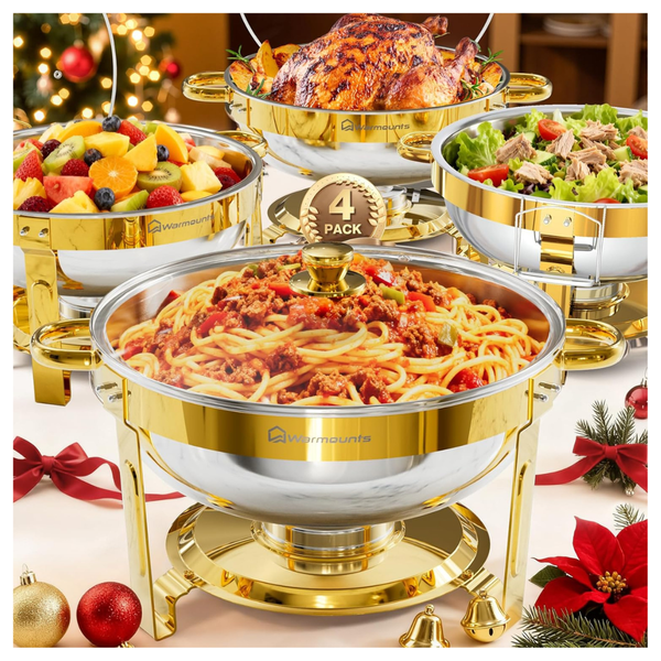4-Sets Of 5QT Stainless Steel Gold Chafing Dishes W/ Buffet Warmers & Glass Lids