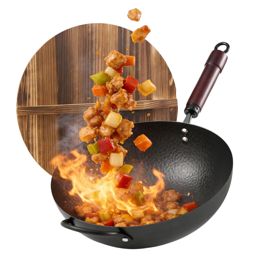 FGJ 13 Inch Carbon Steel Pre-Seasoned Flat Bottom Wok With Wood Lid