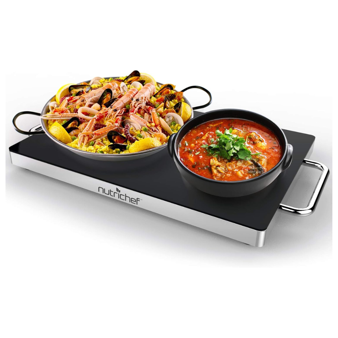 NutriChef Electric Hot Plate Tray Dish Warmer With Black Glass Top