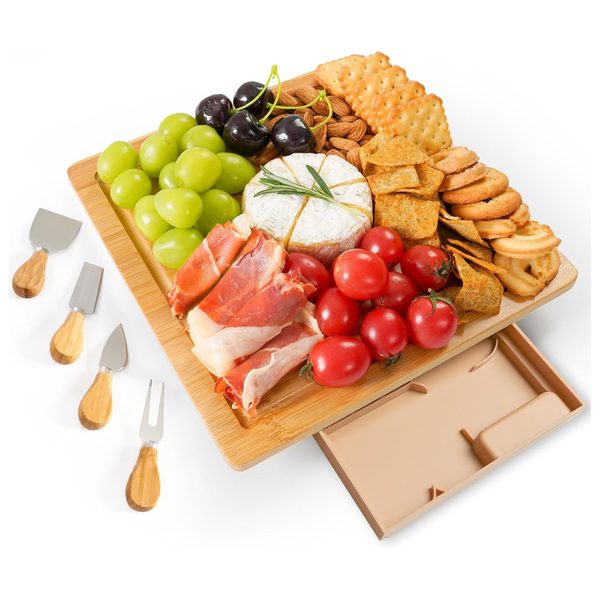 Charcuterie Bamboo Cheese Board Set With Slide-Out Drawer