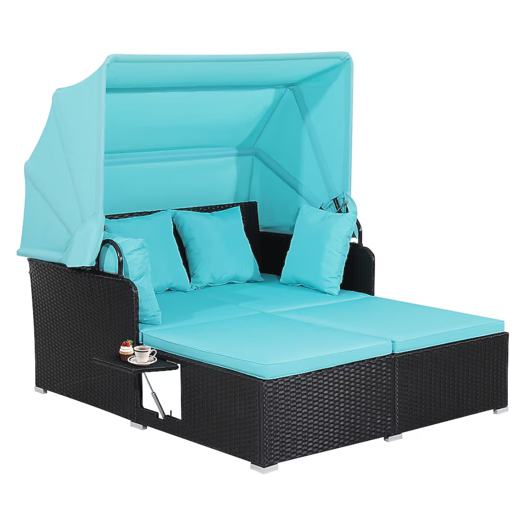 Wellfor Rattan Outdoor Daybed With Blue Cushions And Rattan Frame