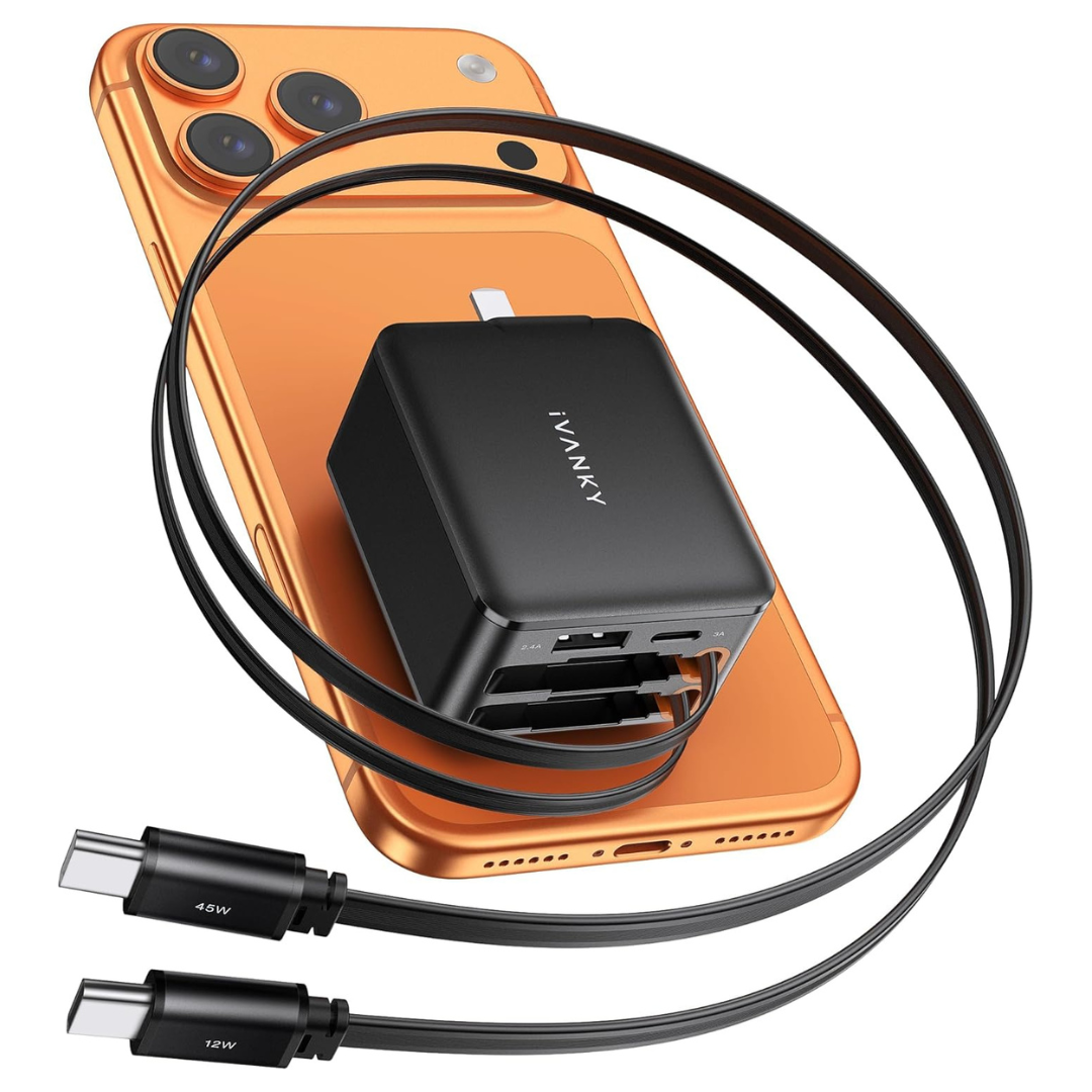 45W Retractable 4-in-1 USB-C Wall Charger W/ Dual Built-In Cables