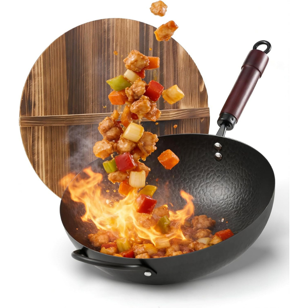 FGJ 13 Inch Carbon Steel Pre-Seasoned Flat Bottom Wok with Wood Lid