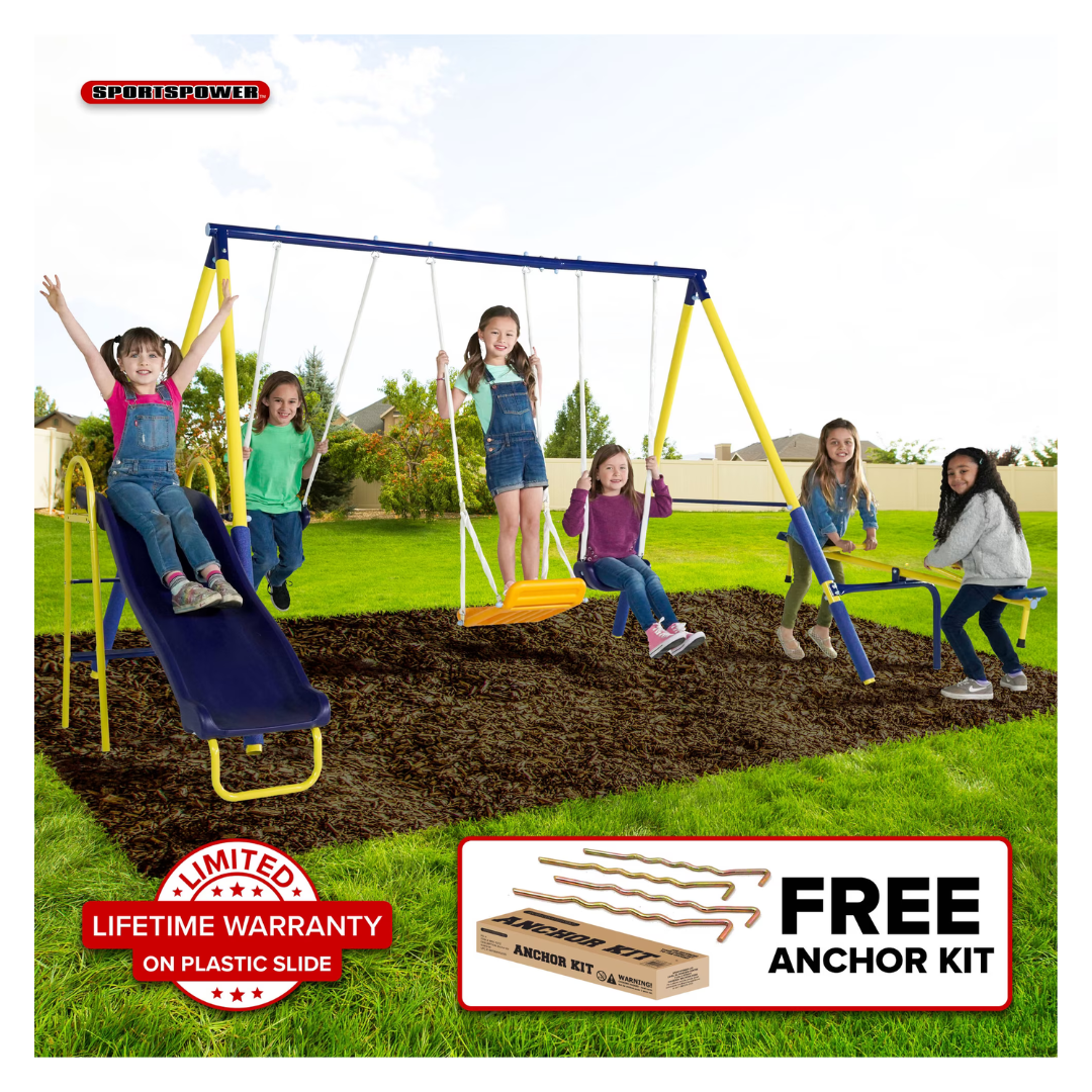 Sportspower Palmview Metal Swing Set With Teeter-Totter, Standing Swing, 5′ Slide With Lifetime Warranty, & Bonus Anchor Kit