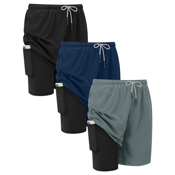 3-Pack Men's 2-in-1 Quick Dry Breathable Sports Shorts W/ Zipper Pocket
