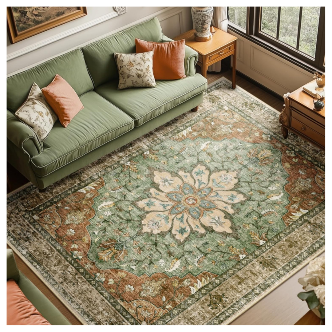 8' X 10' Washable Non-Slip Water Repellent Floral Vintage Area Rugs