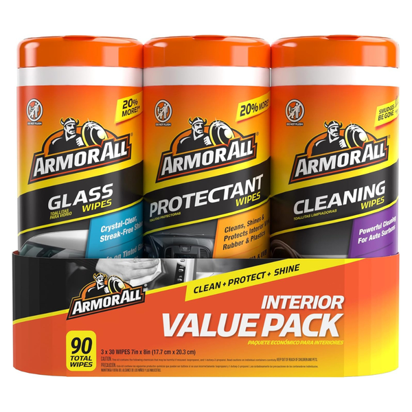 90-Count (3pk X 30ct) Armor All Car Protectant, Glass And Cleaning Wipes