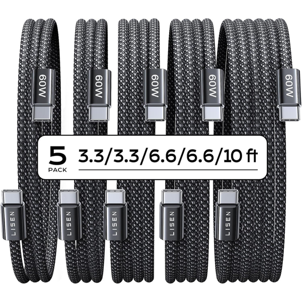 5-Pack Lisen 60W USB-C Braided Charger Cables (3.3/3.3/6.6/6.6/10 Ft)