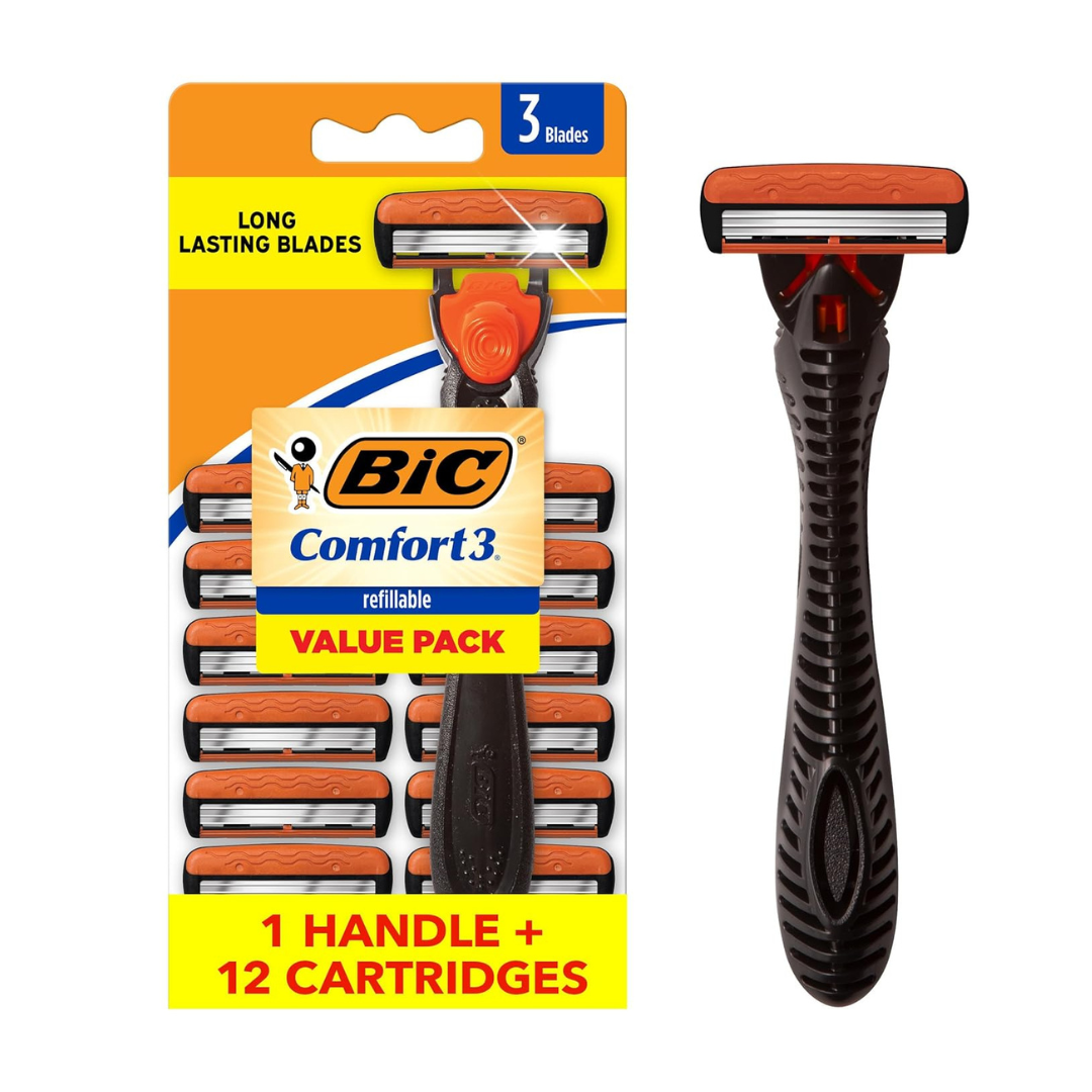 BIC Comfort 3-Blade Refillable Men' Razor W/ Handle & 12 Cartridges