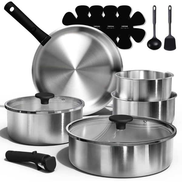 15-Piece Stainless Steel Cookware Set With Detachable Handle