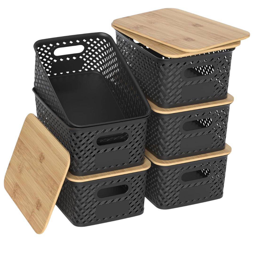 6 Pack Stackable Plastic Storage Bins With Bamboo Lids