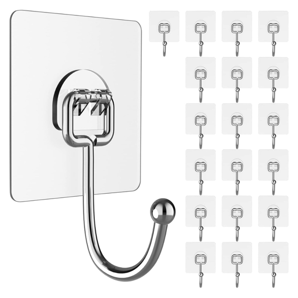 20-Count Heavy-Duty Clear Adhesive Wall Hooks 44Ib(Max)