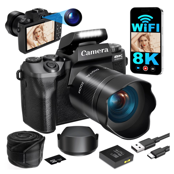 8K 64MP 4" Touch Dual-Lens WiFi Digital Camera W/ 16X Zoom & 32GB Card