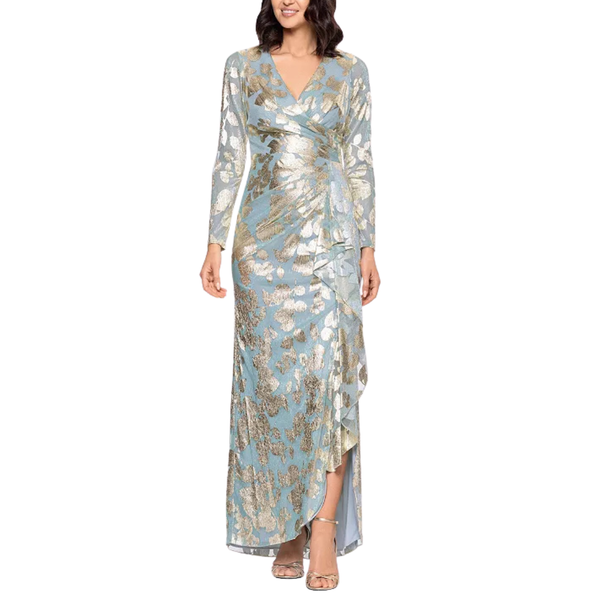 BA Nites Women's BA Nites Long Metallic Pleated Long Sleeve Gown