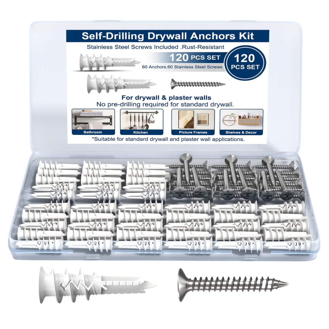 120-Piece Self-Drilling Drywall Anchors And Screws Kit