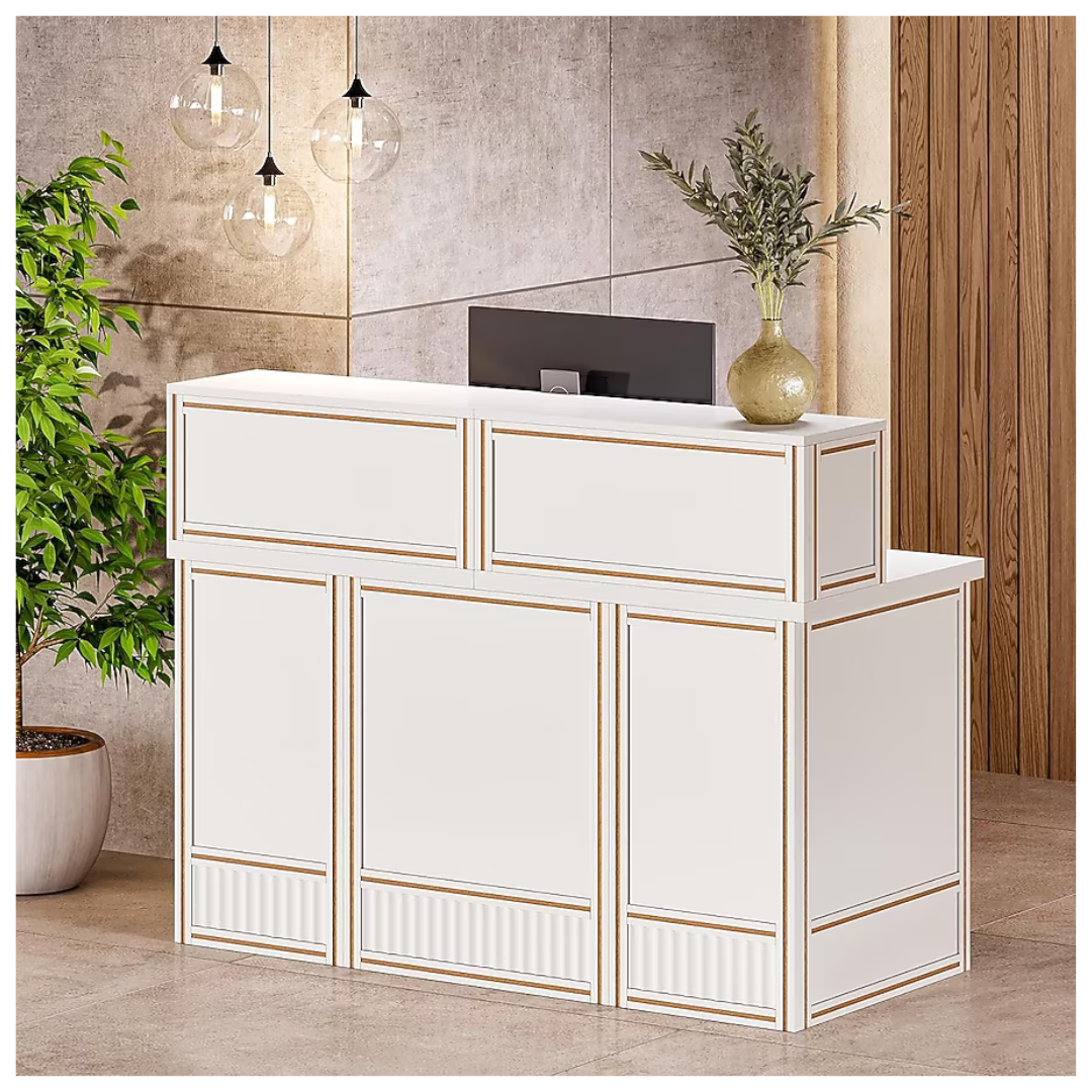 57" W White Reception Desk With Counter And Metal Frame