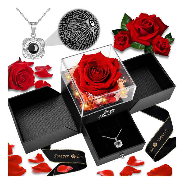 Forever Real Rose With Heart ''I Love You'' Necklace (Red)