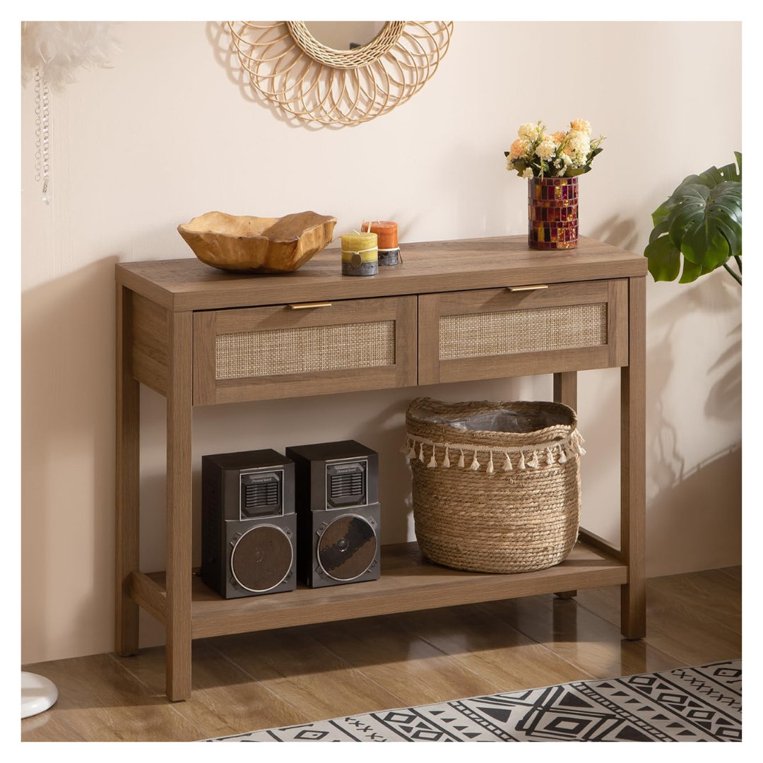 Console Entryway Table With Rattan Drawers