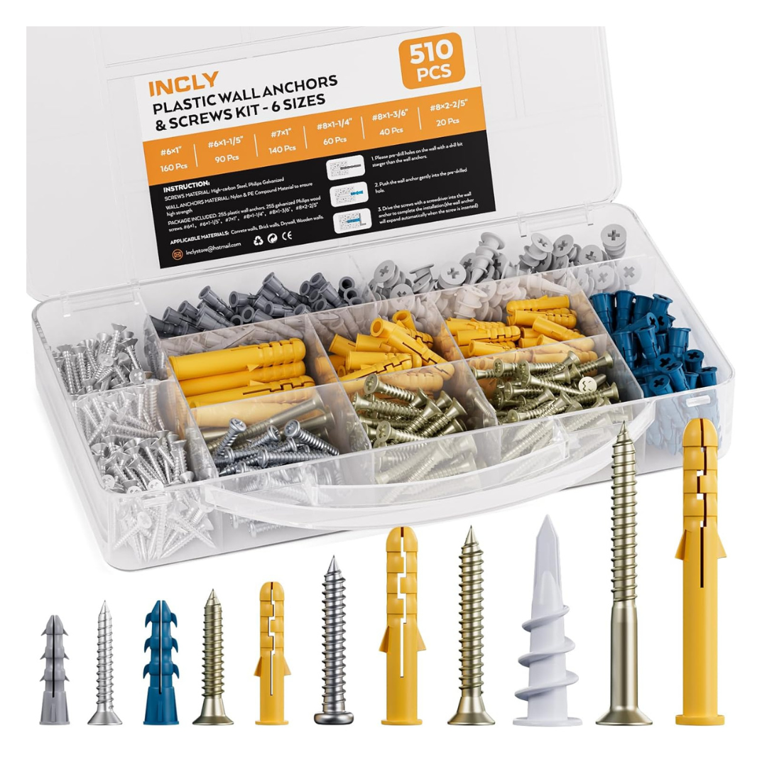 510-Piece Incly Drywall Anchors & Screws Assortment Kit
