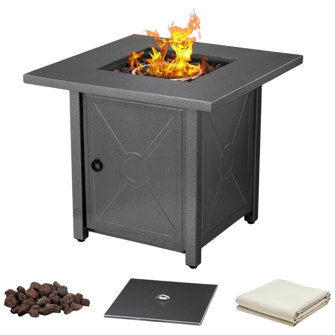 R.W.FLAME 28" Propane Portable Fire Pit Table W/ Lava Rocks, Lid & Rain Cover