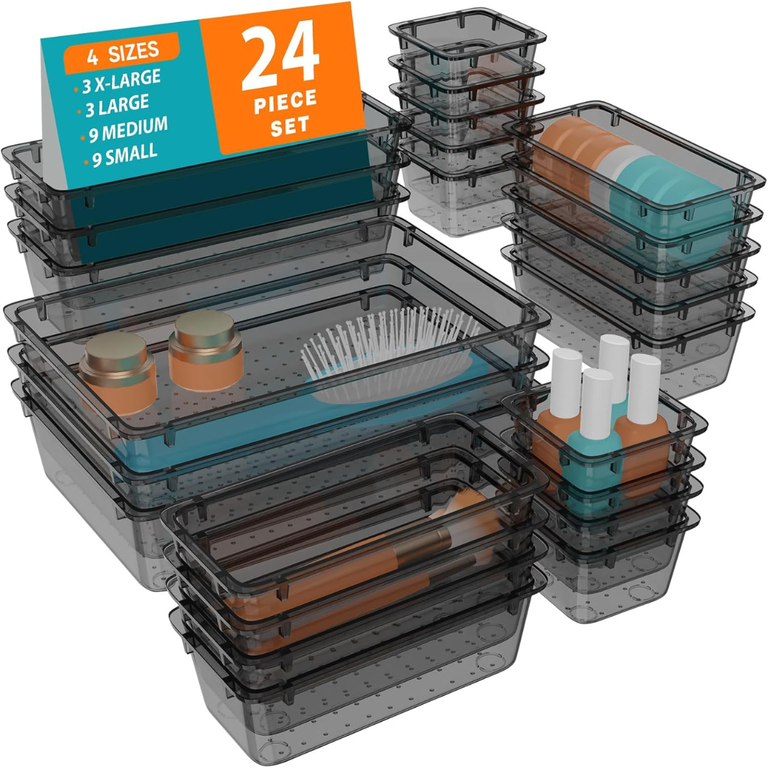 24-Piece Clear Plastic Drawer Organizer Set