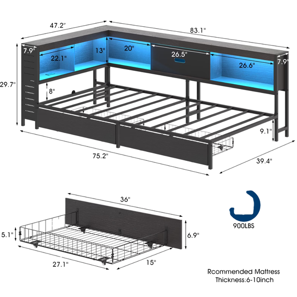 Metal Twin Platform Bed Frame with Drawers