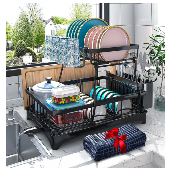 2-Tier Godboat Dish Drying Rack W/ Auto-Drain & Mat