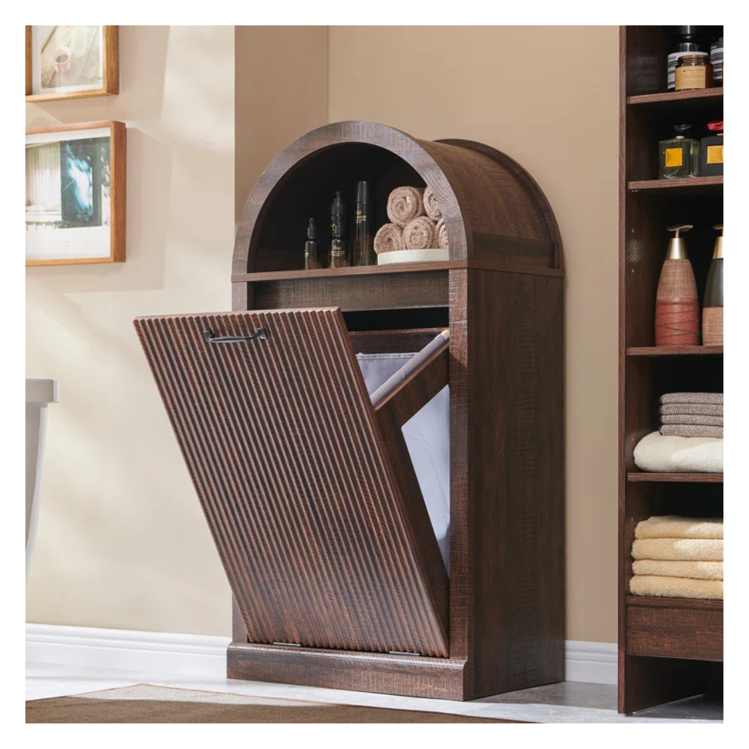 Modern Tilt Out Arched Laundry Basket Cabinet With Open Shelf