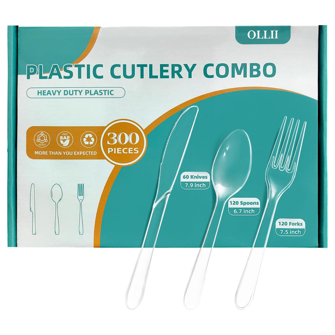 300-Count OLLII Plastic Heavy Duty Disposable Clear Cutlery Set