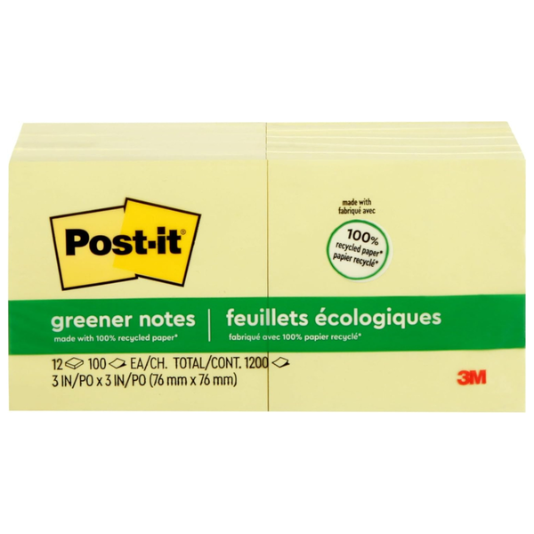 12-Pack Of 100-Count Post-it Greener Notes Sticky Note Pads (Canary Yellow)